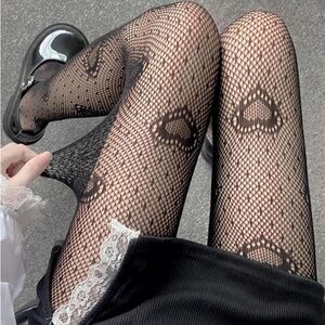 Pair Women Lolita Heart Dots Print Mesh Black Fishnet Pantyhose Female Legging’s